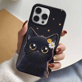 Çiçekli Sevimli Siyah Kedi Tasarımlı Silikon Telefon Kılıfı