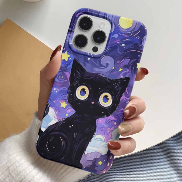 Yıldızlı Bir Gecede Siyah Kedi Tasarımlı Silikon Telefon Kılıfı
