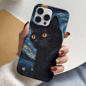 Yıldızlı Gecelerde Dalgın Kedi Tasarımlı Silikon Telefon Kılıfı
