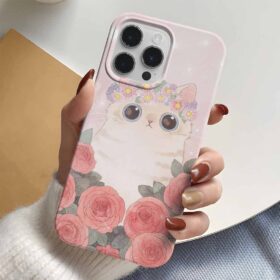 Çiçekli Sevimli Kedi Tasarımlı Silikon Telefon Kılıfı