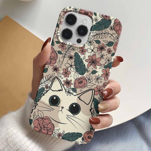Çiçekli Beyaz Kedi Tasarımlı Silikon Telefon Kılıfı
