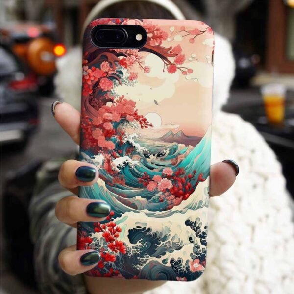 Sakura Ağacı Ve Büyük Dalgalar Tasarımlı Silikon Telefon Kılıfı