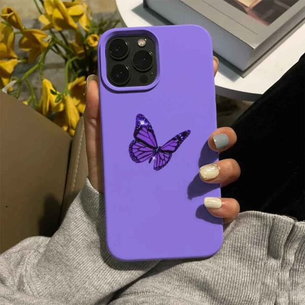 Mor Parıltılı Kelebek Baskılı Silikon Telefon Kılıfı