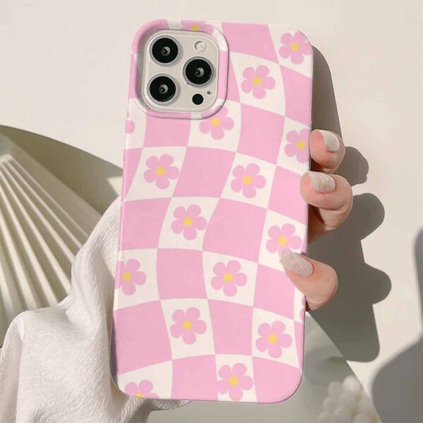 Pembe Çiçekli Dama Deseni Tasarımlı Silikon Telefon Kılıfı