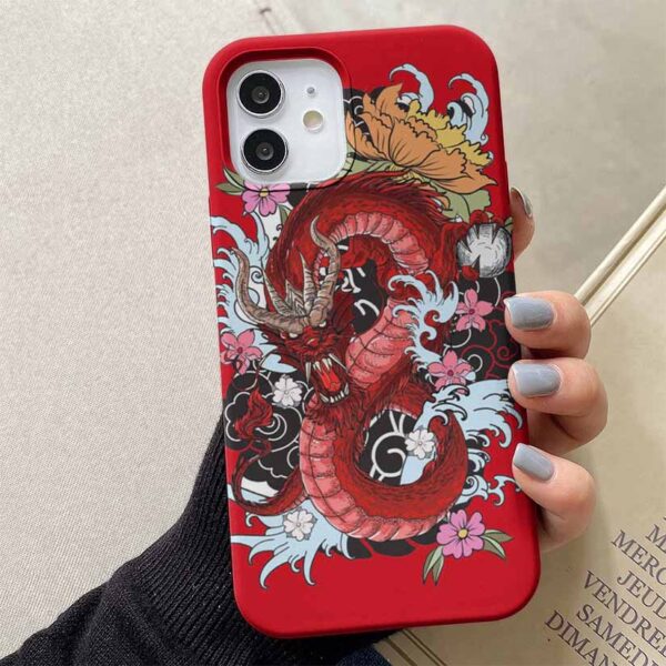 Çiçek Motifli Kırmızı Ejderha Tasarımlı Silikon Telefon Kılıfı