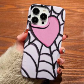 Pembe Kalp Ve Örümcek Ağı Tasarımlı Silikon Telefon Kılıfı