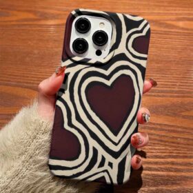 Krem Çizgili Bordo Kalpler Tasarımlı Silikon Telefon Kılıfı