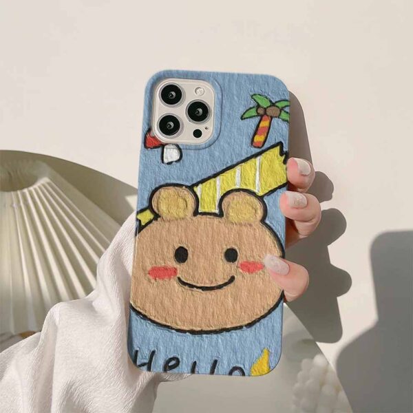 Hello Sevimli Ayı Yüzü Minimal Palmiye Ağıcı Ve Sarı Beyaz Etiket Mavi Renkli Silikon Telefon Kılıfı