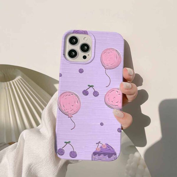 Pembe Balonlar Kiraz Ve Dilim Pasta Lila Renkli Silikon Telefon Kılıfı