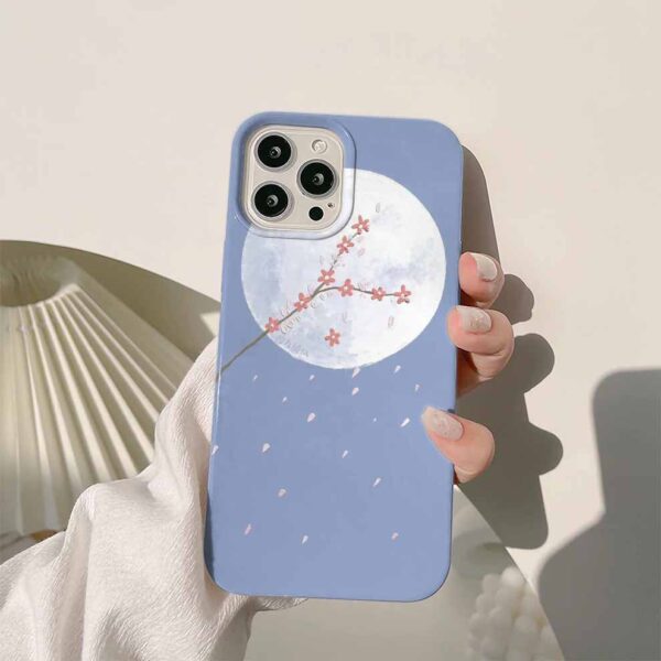 Kırmızı Dalıdan Çiçekler Ve Ay Yağlı Boya Tasarımlı Mavi Renkli Silikon Telefon Kılıfı