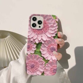 Pembe Çiçekler Yeşil Yapraklı Arka Ton Yağlı Boya Tasarımlı Krem Renkli Silikon Telefon Kılıfı