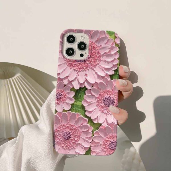 Pembe Çiçekler Yeşil Yapraklı Arka Ton Yağlı Boya Tasarımlı Krem Renkli Silikon Telefon Kılıfı