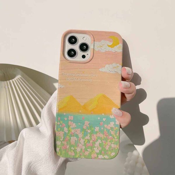 Pembe Çiçekler Sarı Dağlar Ve Bulutlar Pembe Renkli Silikon Telefon Kılıfı