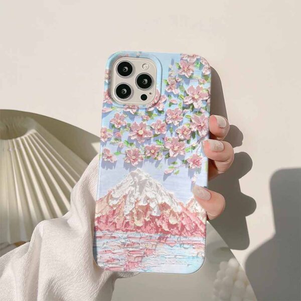 Pembe Beyaz Dağ Ve Pembe Çicekler Baskılı Renkli Silikon Telefon Kılıfı