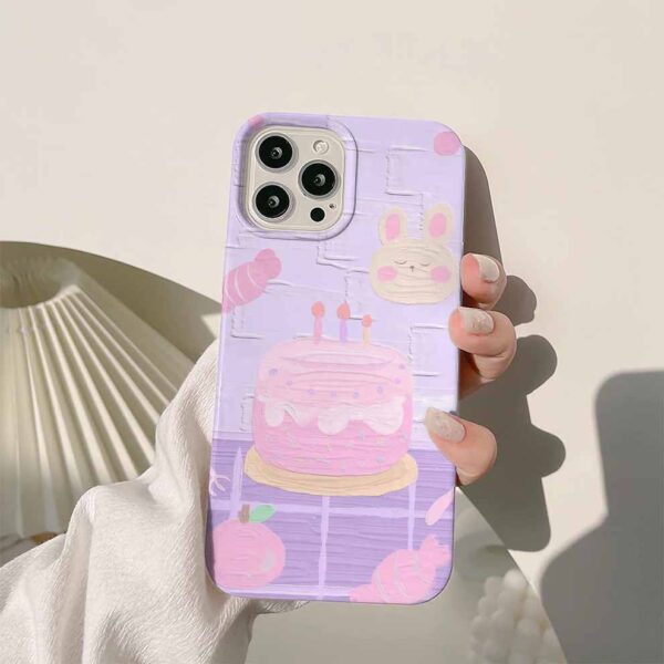 Pembe Doğum Günü Pastası Ve Tavşan Baskılı Renkli Silikon Telefon Kılıfı