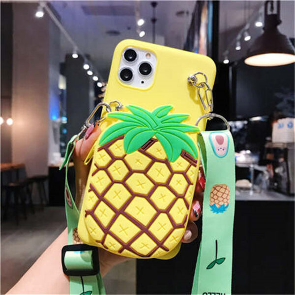 Ananas Cüzdanlı Ve Askılı Sarı Silikon Telefon Kılıfı