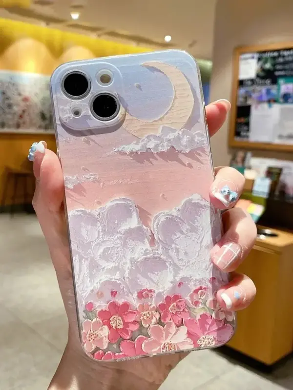 Çiçek Bahçesi Gün Batımı Yağlı Boya Baskılı Silikon Telefon Kılıfı