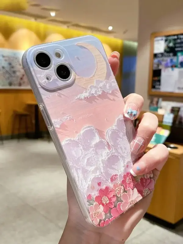 Çiçek Bahçesi Gün Batımı Yağlı Boya Baskılı Silikon Telefon Kılıfı - Görsel 2