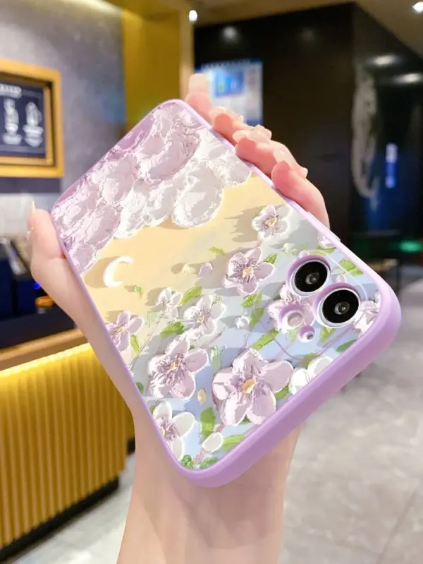 Lila Çiçek Ve Bulutlar Krem Renkli Silikon Telefon Kılıfı - Görsel 2