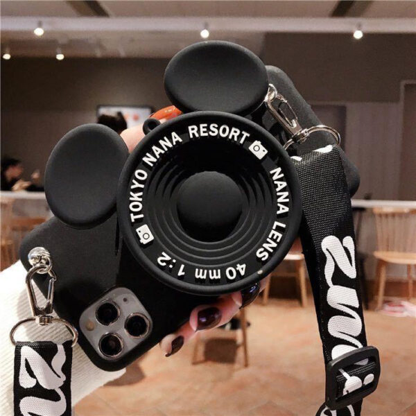 Mickey Mause Kamera Cüzdanlı Ve Askılı Siyah Silikon Telefon Kılıfı
