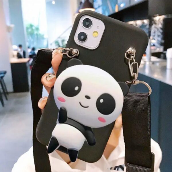 Panda Cüzdanlı Ve Askılı Siyah Silikon Telefon Kılıfı