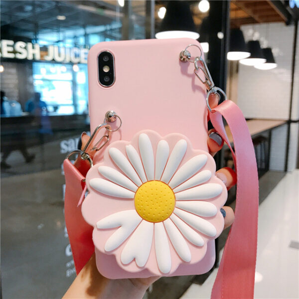 Papatya Cüzdanlı Ve Askılı Pembe Silikon Telefon Kılıfı