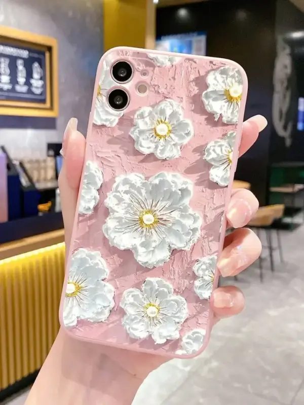 Beyaz Çiçekler Yağlı Boya Baskılı Silikon Telefon Kılıfı