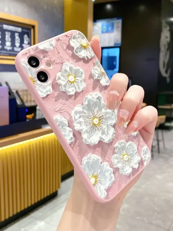 Beyaz Çiçekler Yağlı Boya Baskılı Silikon Telefon Kılıfı - Görsel 2