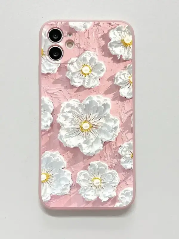 Beyaz Çiçekler Yağlı Boya Baskılı Silikon Telefon Kılıfı - Görsel 3