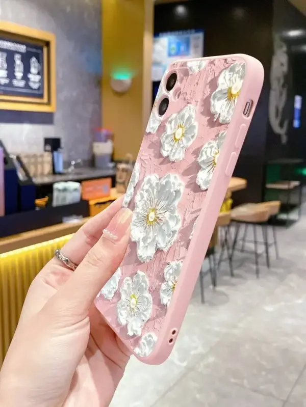 Beyaz Çiçekler Yağlı Boya Baskılı Silikon Telefon Kılıfı - Görsel 4