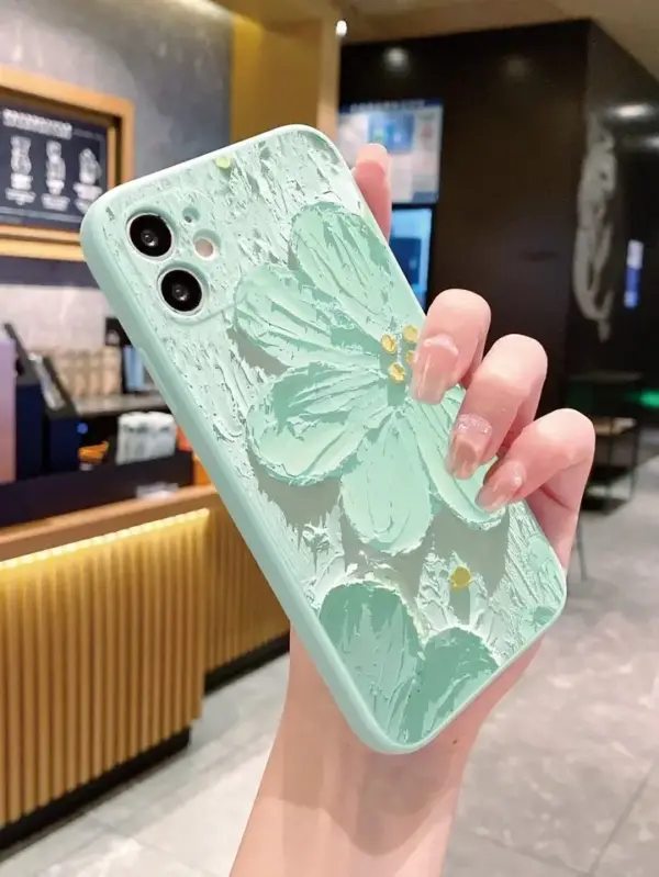 Yeşil Çiçek Yağlı Boya Baskılı Silikon Telefon Kılıfı - Görsel 2