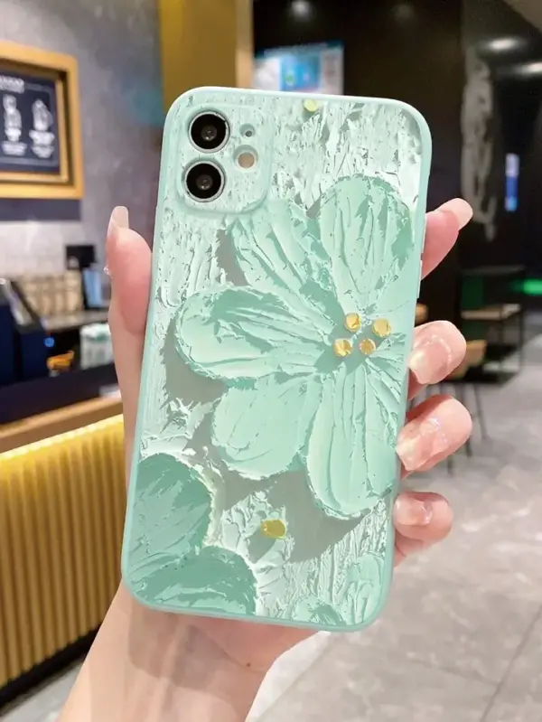 Yeşil Çiçek Yağlı Boya Baskılı Silikon Telefon Kılıfı