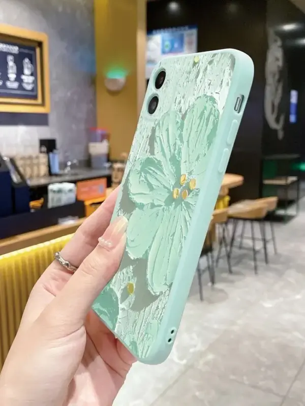 Yeşil Çiçek Yağlı Boya Baskılı Silikon Telefon Kılıfı - Görsel 4