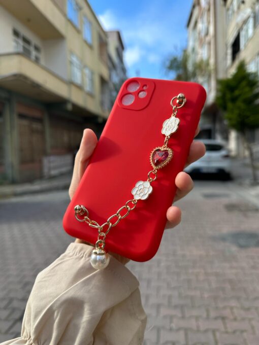 Kırmızı Renkli Bilek Geçmeli Zincirli Silikon Telefon Kılıfı - Görsel 3
