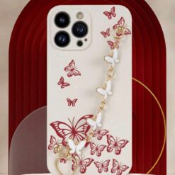 Beyaz Renkli Kırmızı Kelebek Desenli Bilek Geçmeli Zincirli Silikon Telefon Kılıfı