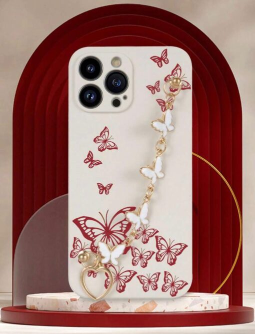 Beyaz Renkli Kırmızı Kelebek Desenli Bilek Geçmeli Zincirli Silikon Telefon Kılıfı