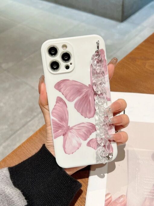 Uçan Kelebekler Desenli Baskılı Beyaz Renkli Bilek Geçmeli Zincirli Silikon Telefon Kılıfı