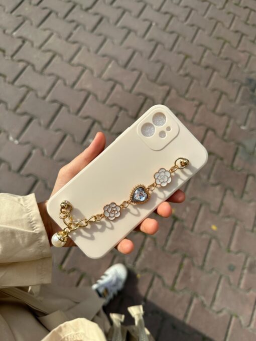 Krem Renkli Bilek Geçmeli Zincirli Silikon Telefon Kılıfı - Görsel 5