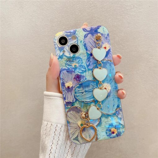 Çiçek Desenli Baskılı Bilek Geçmeli Zincirli Silikon Telefon Kılıfı
