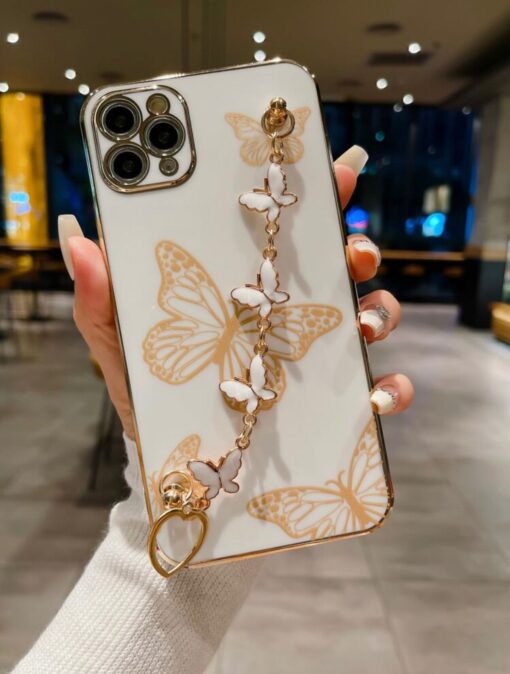 Beyaz Renkli Kelebekler Desenli Bilek Geçmeli Parlak Zincirli Silikon Telefon Kılıfı