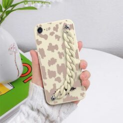 Krem Renkli Benek Desen Baskılı Bilek Geçmeli Zincirli Silikon Telefon Kılıfı