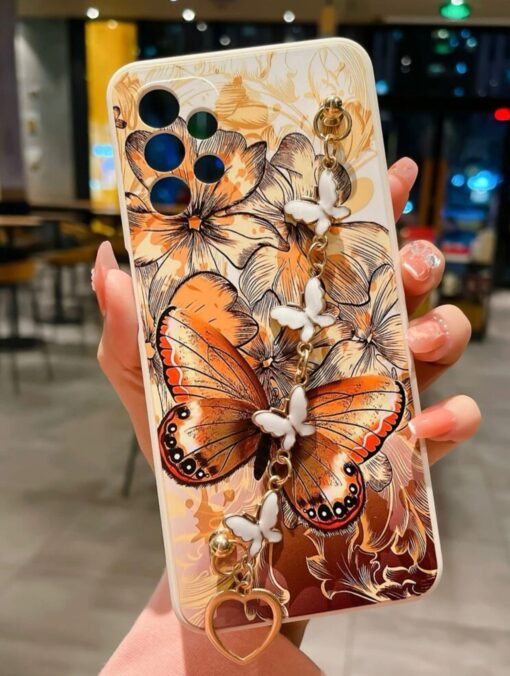 Şahane Kelebekler Desenli Bilek Geçmeli Zincirli Silikon Telefon Kılıfı