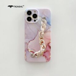 Mermer Desen Baskılı Bilek Geçmeli Zincirli Silikon Telefon Kılıfı