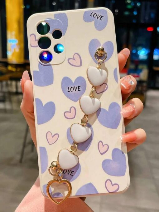 Love Yazılı Kalp Desen Baskılı Bilek Geçmeli Zincirli Silikon Telefon Kılıfı