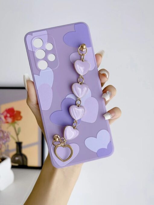 Mor Ve Pembe Kalp Desenli Baskılı Bilek Geçmeli Zincirli Silikon Telefon Kılıfı