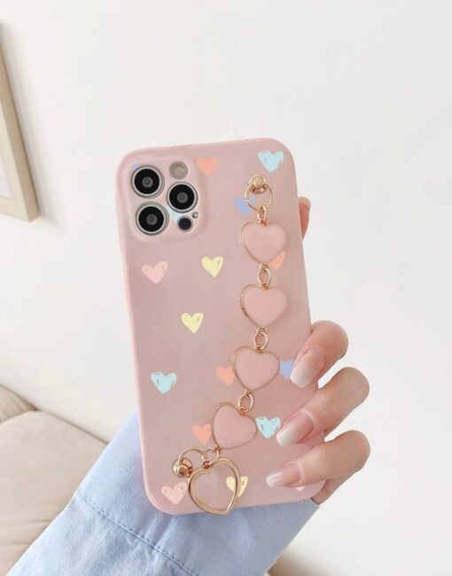 Çoklu Kalp Desen Baskılı Bilek Geçmeli Zincirli Silikon Telefon Kılıfı