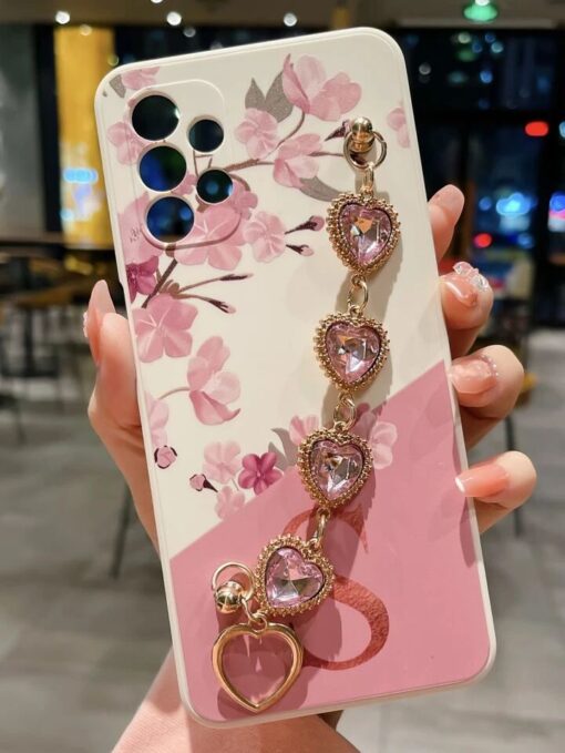 Çiçek Desen Baskılı Bilek Geçmeli Zincirli Silikon Telefon Kılıfı