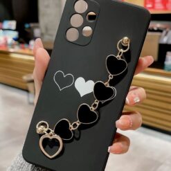 İkili Kalp Desen Baskılı Bilek Geçmeli Zincirli Silikon Telefon Kılıfı