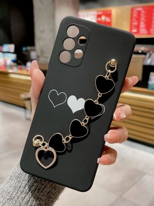 İkili Kalp Desen Baskılı Bilek Geçmeli Zincirli Silikon Telefon Kılıfı