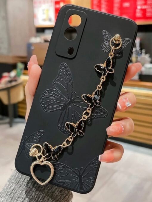 Gri Renkli Kelebek Desenli Bilek Geçmeli Zincirli Silikon Telefon Kılıfı